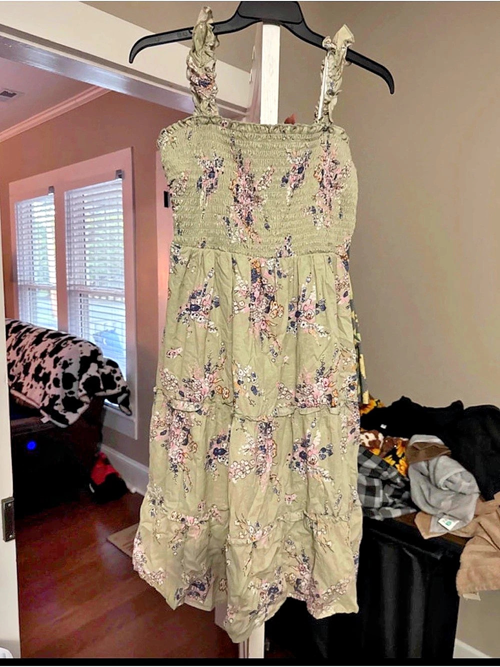 As U Wish Smocked Tiered Floral Midi Dress in Green & Pink